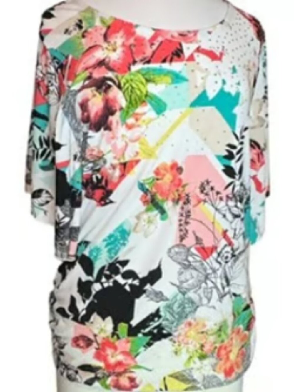 JM Collection Floral Short Sleeve Top Blouse Shimmer Rhinestone 3/4 Sleeve NEW